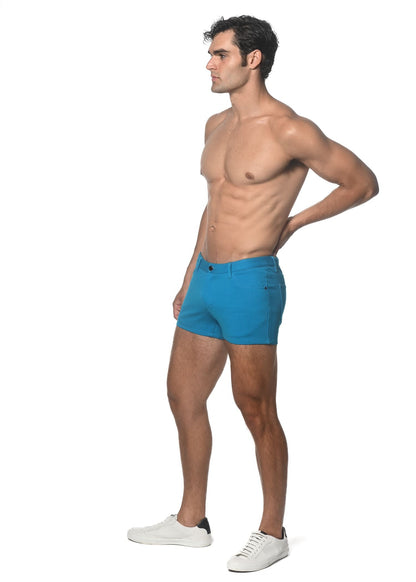 Bright blue 3 inch stretch knit shorts with form fitting design five pockets and button closure