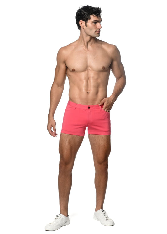 Bright pink 3 inch stretch knit shorts with form-fitting design and classic button closure