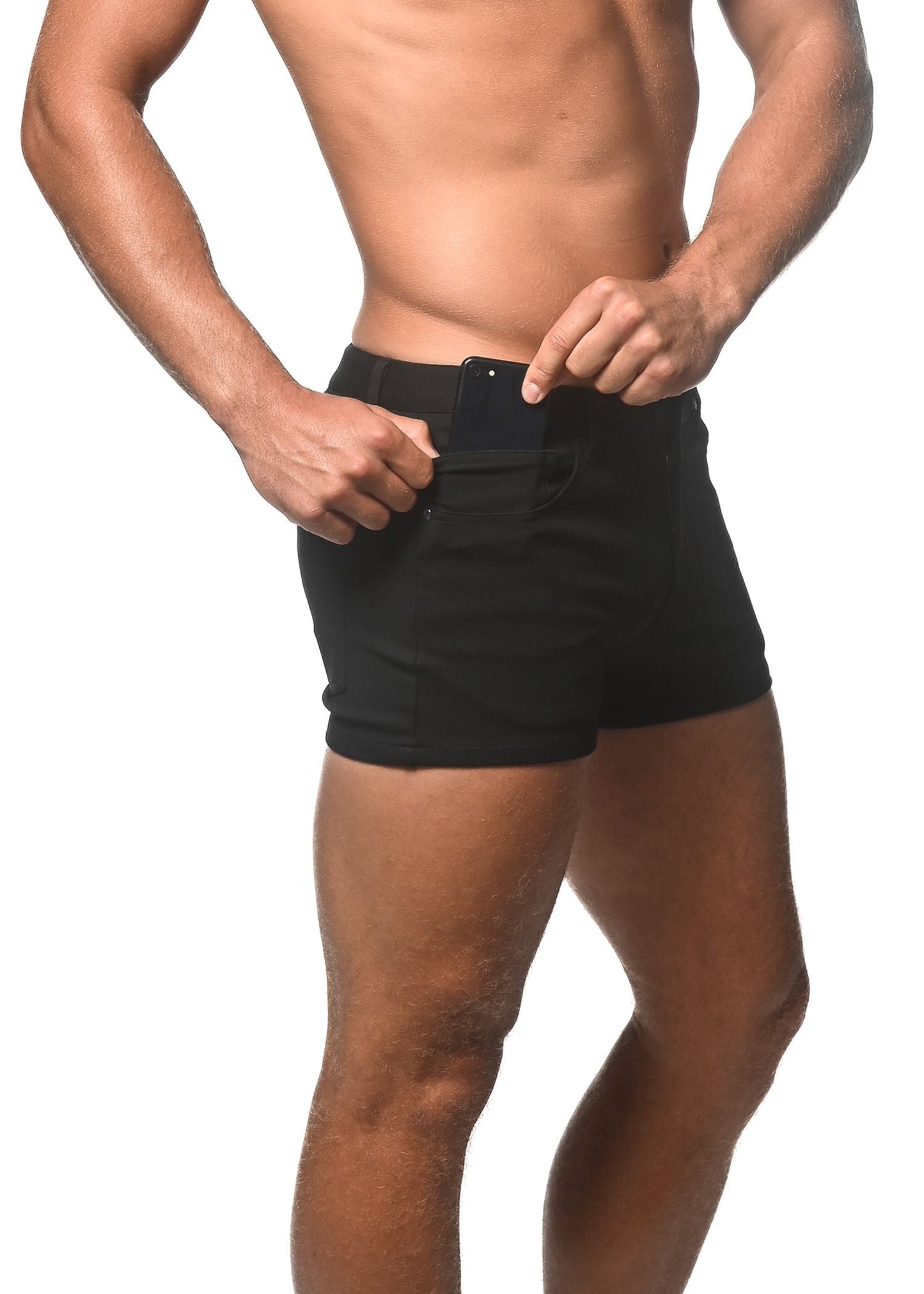 Black 3 inch stretch knit shorts with a sleek fitted design and visible belt loop detail