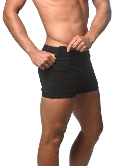 Black 3 inch stretch knit shorts with a sleek fitted design and visible belt loop detail