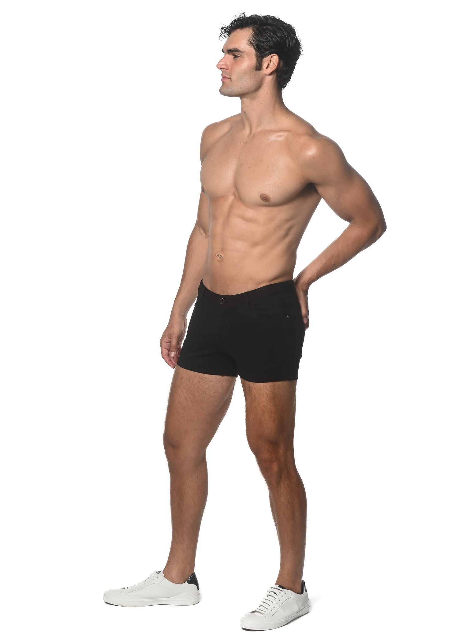 Black 3 inch stretch knit short briefs with sleek form fitting design in stretch knit fabric for comfortable wear