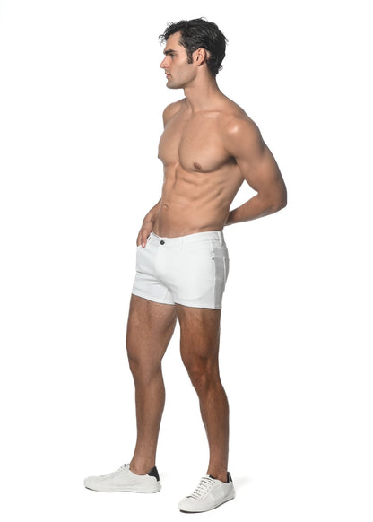 White denim 3 inch stretch knit shorts with classic five-pocket design and button closure for casual wear