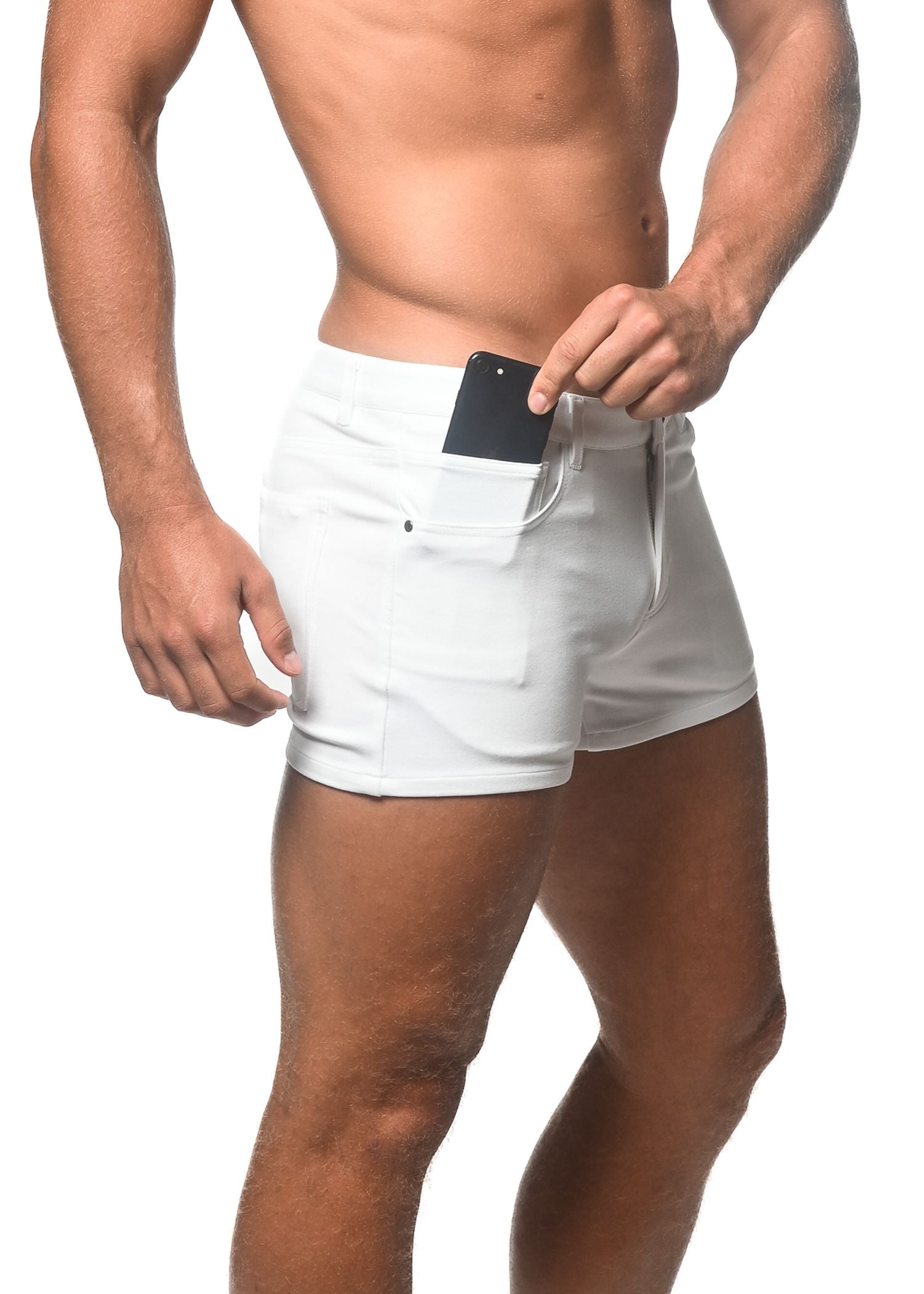 White 3 inch stretch knit athletic shorts with sleek modern design and side pocket for phone storage