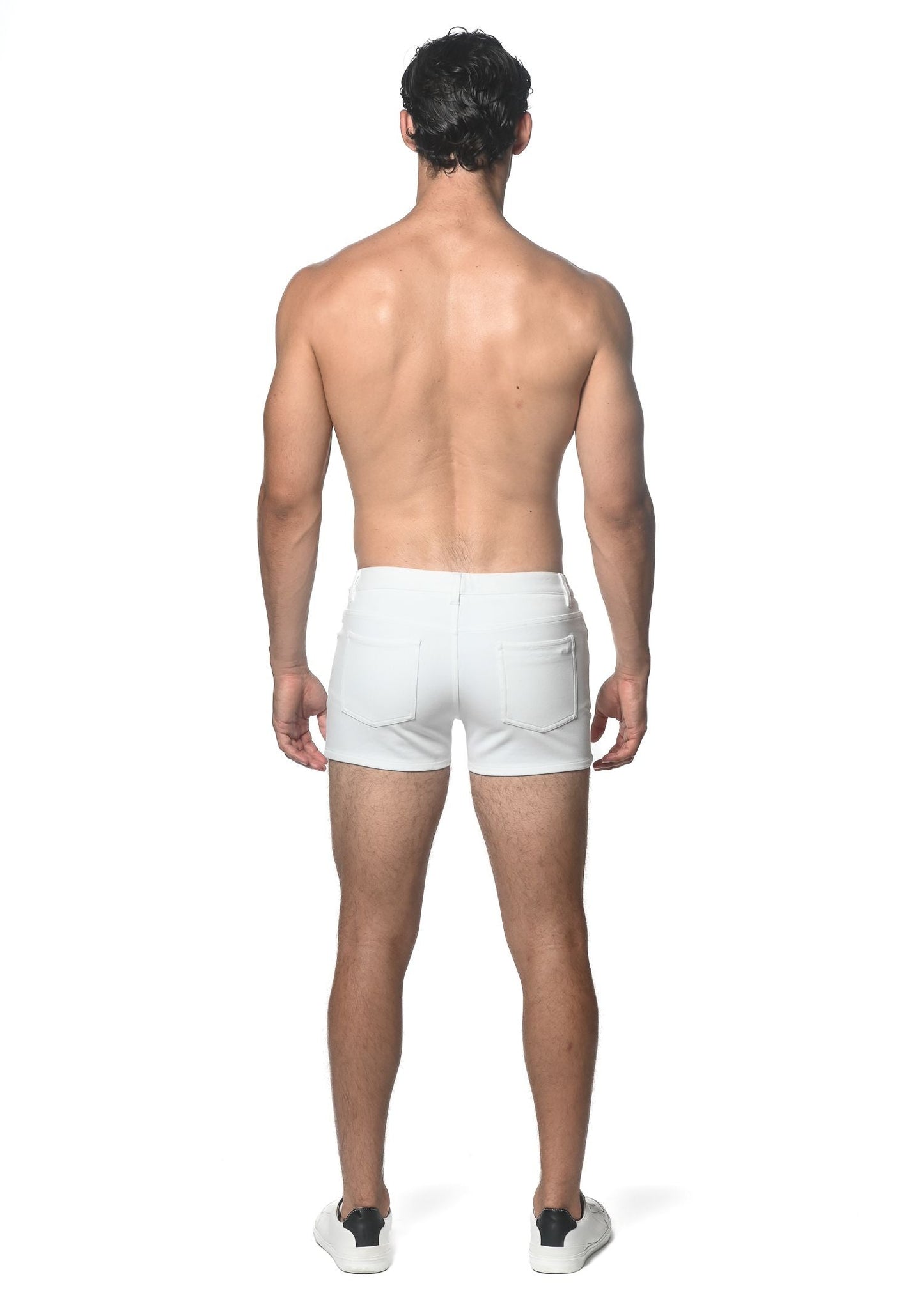 White denim 3 inch stretch knit shorts with classic five-pocket design and a clean tailored fit