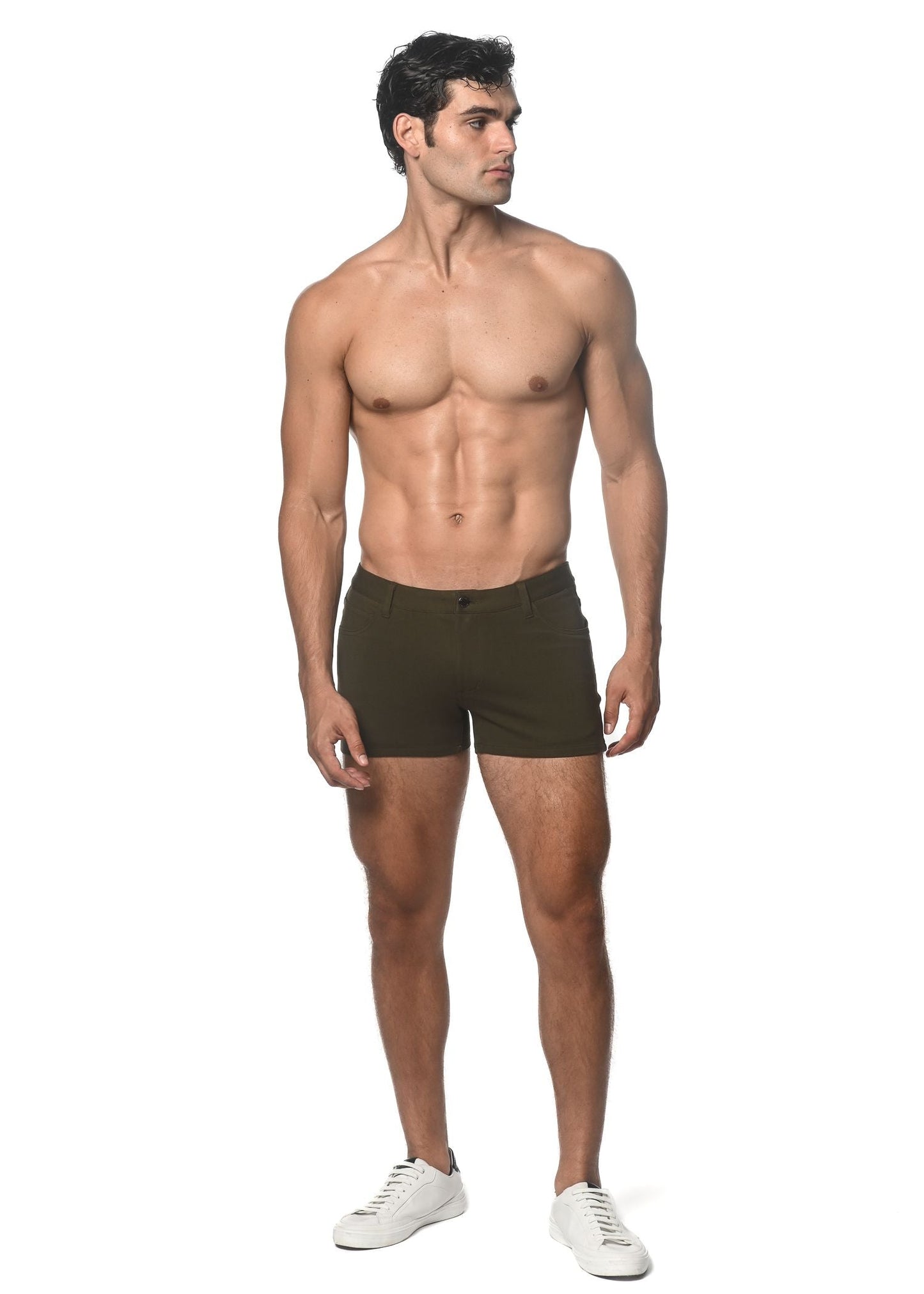 Olive green cotton stretch knit short briefs with 3 inch inseam and single button closure