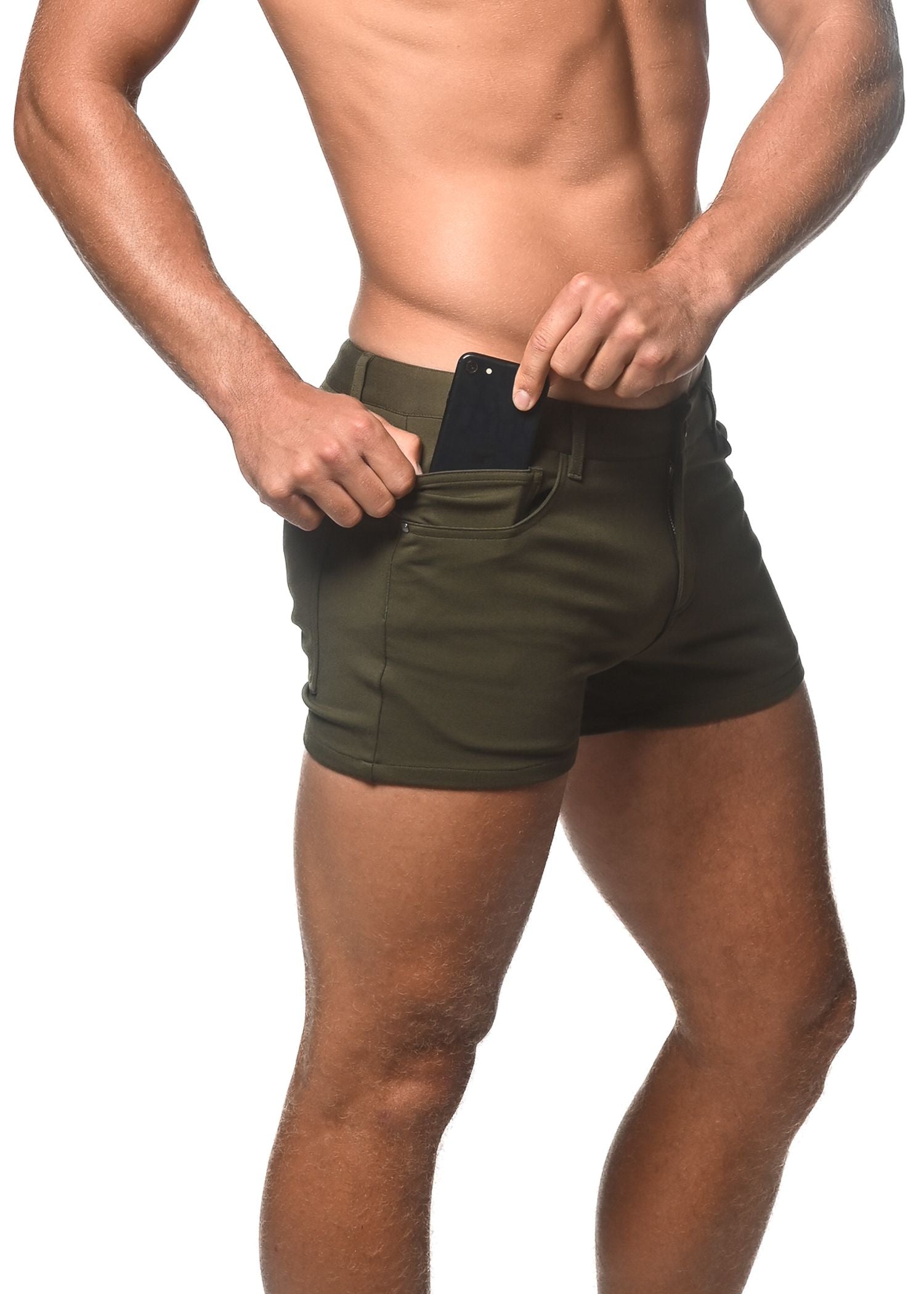 Olive green 3 inch stretch knit shorts with sleek modern design and functional side pockets for active wear