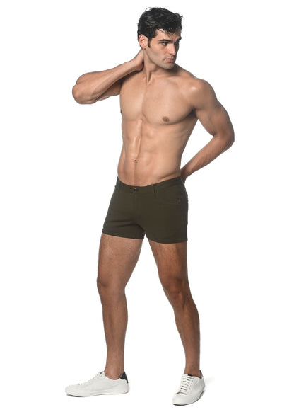 Olive green cotton 3 inch stretch knit short briefs showcasing the front side for comfortable everyday wear