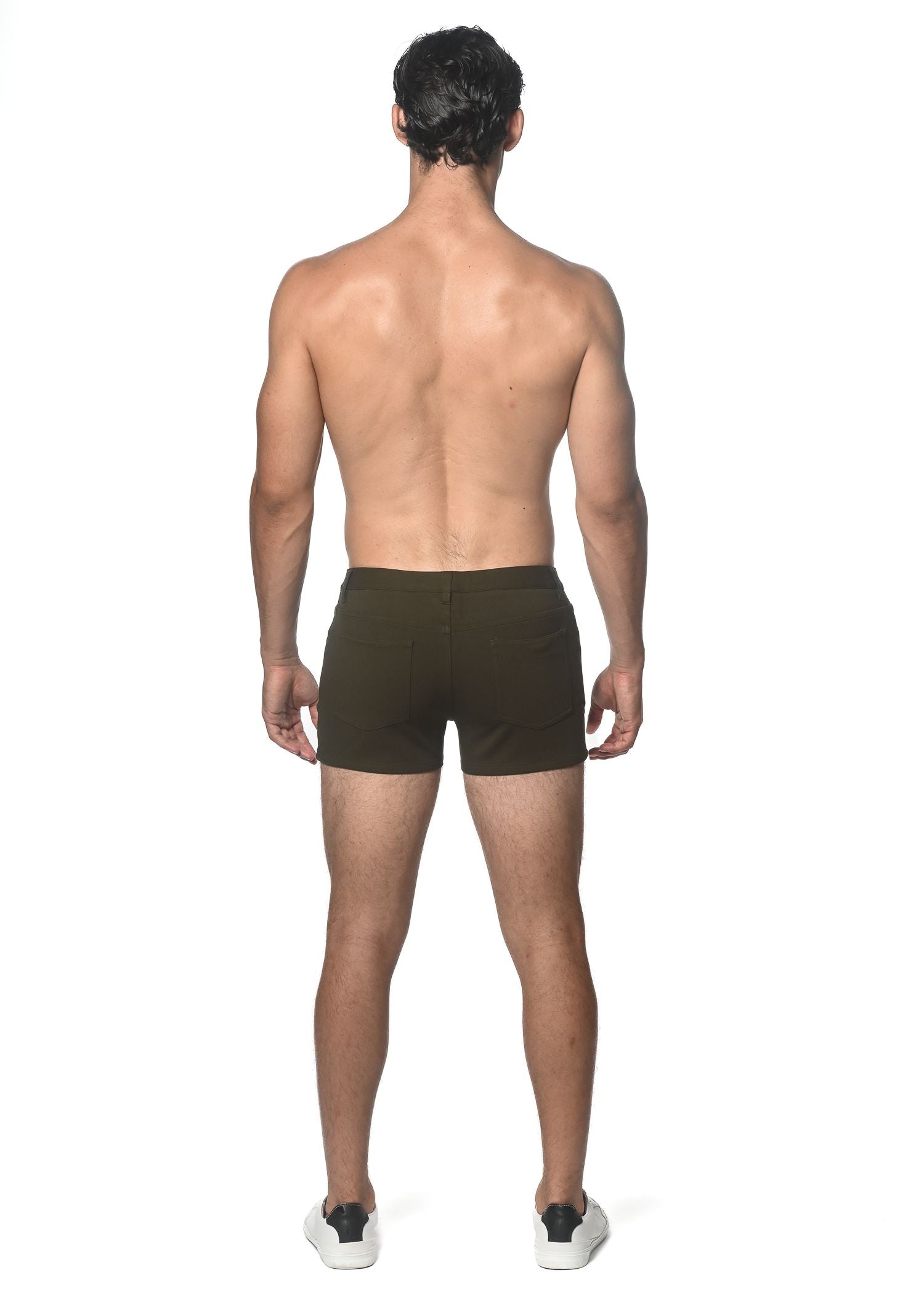 Olive green cotton stretch knit short briefs with 3 inch inseam for comfortable everyday wear