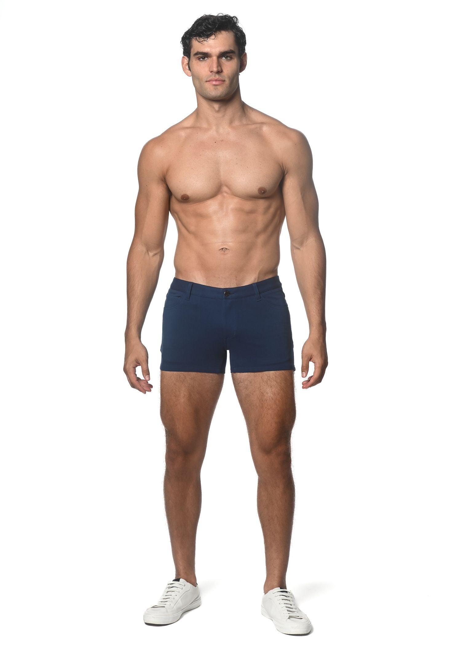Navy blue 3 inch stretch knit briefs with front zipper closure for comfortable activewear use