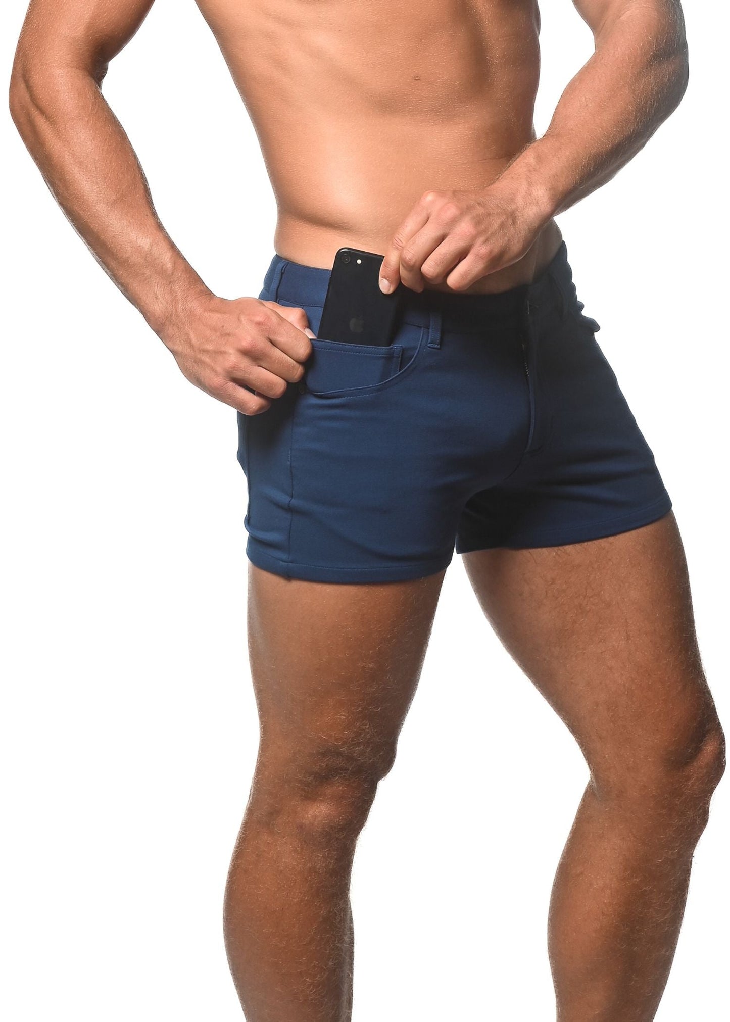 Navy blue 3 inch stretch knit athletic shorts with a sleek fitted design and multiple pockets for active use