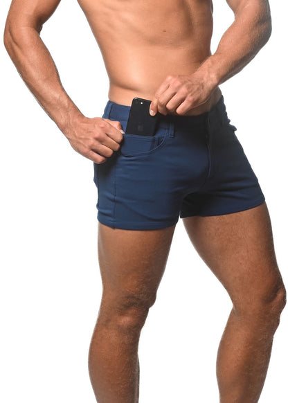 Navy blue 3 inch stretch knit athletic shorts with a sleek fitted design and multiple pockets for active use