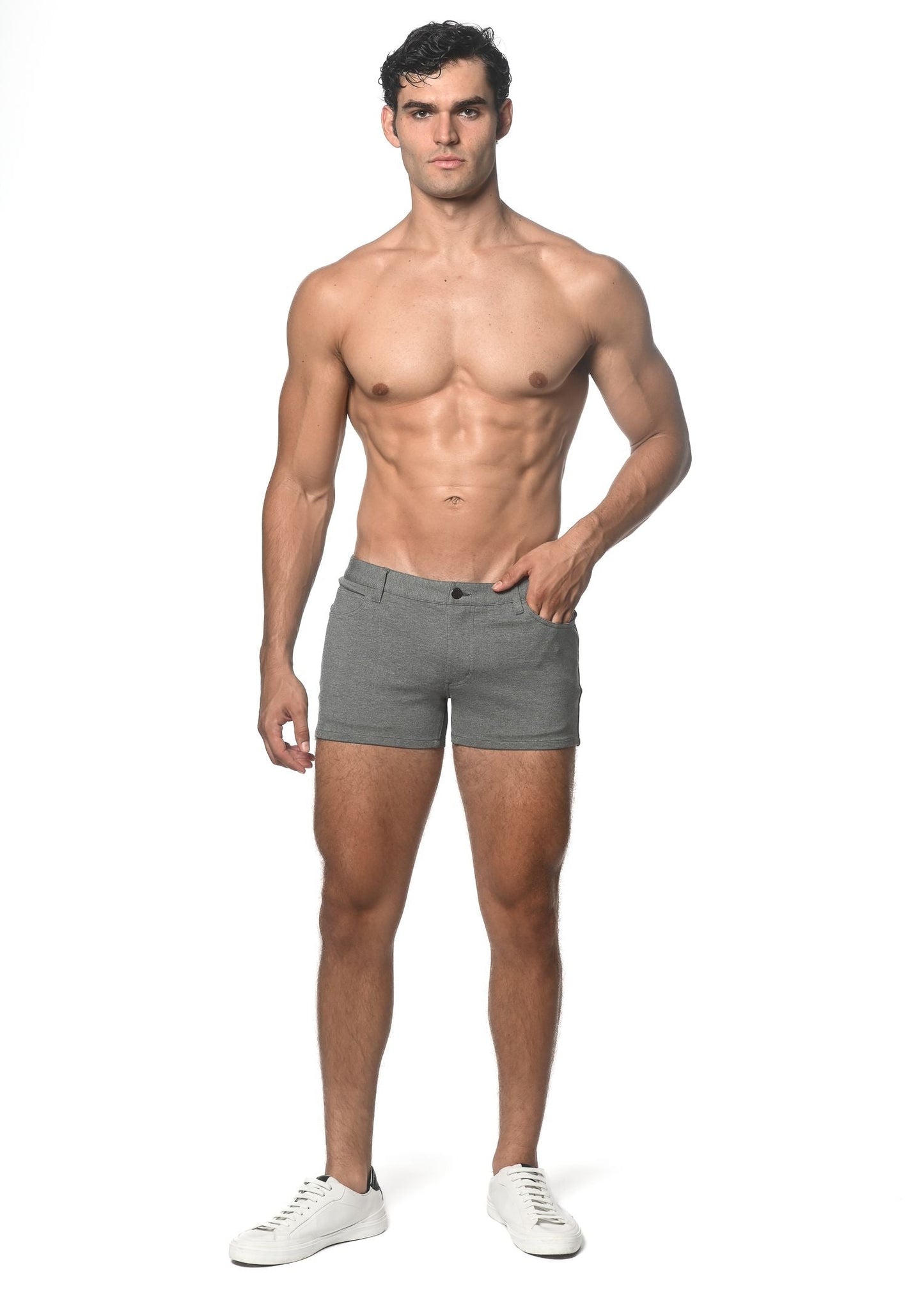 Gray denim 3 inch stretch knit short with classic five-pocket design and belt loops for casual wear