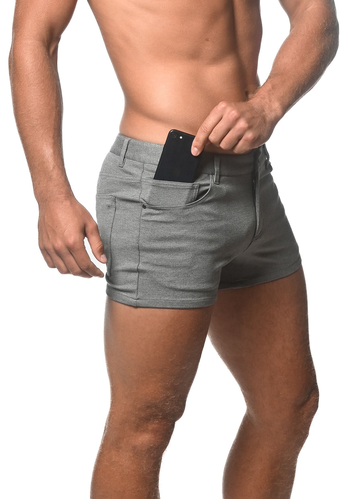 Gray textured 3 inch stretch knit shorts with a sleek modern design made from flexible fabric for active wear