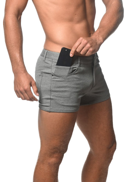 Gray textured 3 inch stretch knit shorts with a sleek modern design made from flexible fabric for active wear
