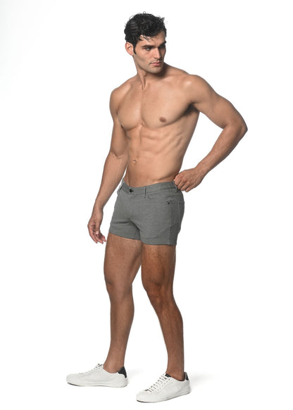 Gray men’s 3 inch stretch knit shorts with classic five-pocket design and subtle stitching details