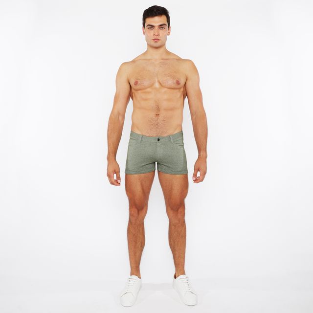 A pair of olive green 3 inch stretch knit two tone briefs with textured fabric pattern and button closure
