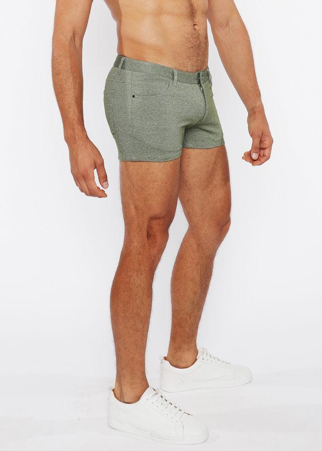 A pair of 3 inch stretch knit two tone olive green textured shorts with belt loop and front pocket