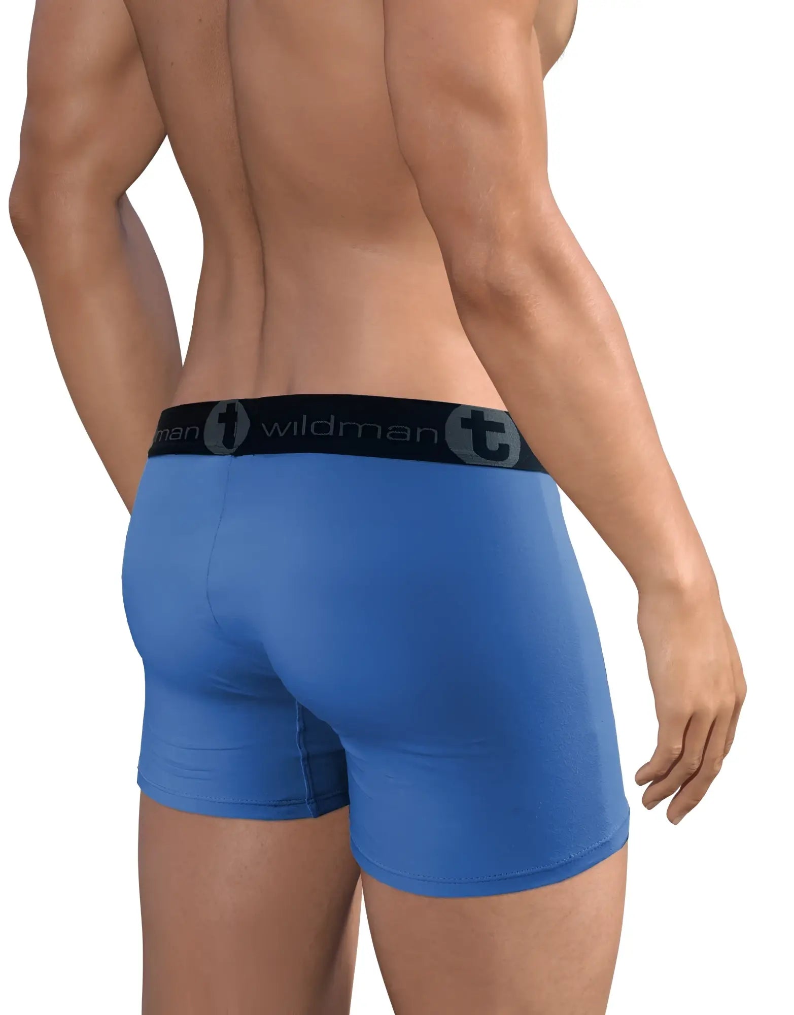 Blue wildman cotton boxer briefs with black elastic waistband and brand logo 3 pack big boy pouch 5 inch inseam