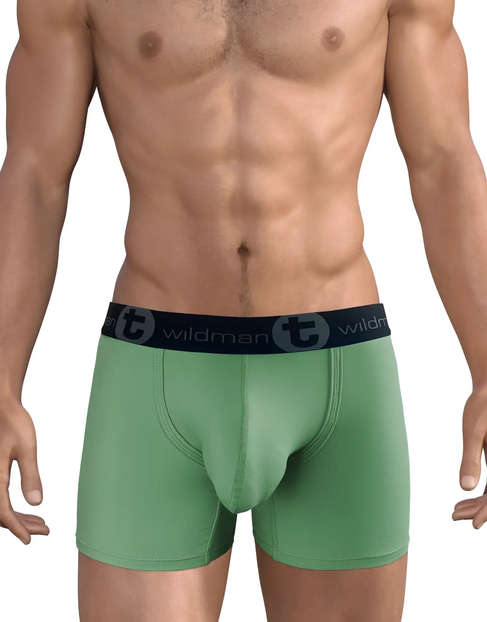 Green men’s cotton boxer briefs with a 5 inch inseam and black elastic waistband with wildman logo in a 3 pack