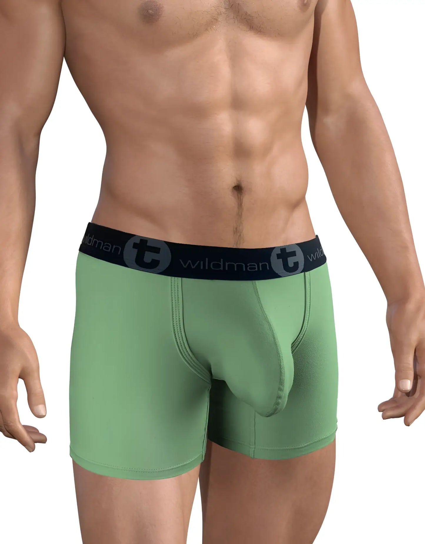 Green wildman cotton boxer briefs with black elastic waistband featuring the brand logo in 3 pack big boy pouch