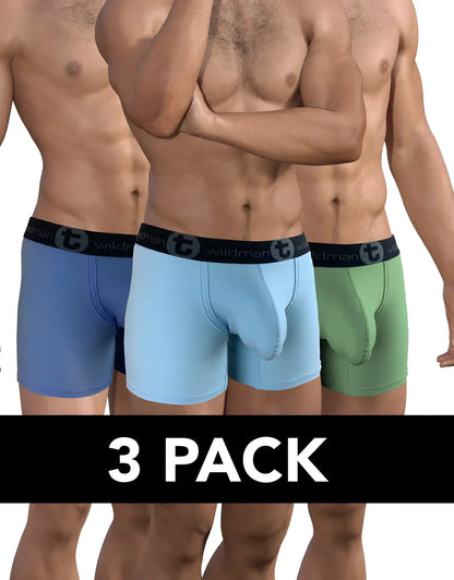 Three-pack of wildman big boy pouch 5 inch inseam cotton boxer briefs in blue, light blue, and green with black waistbands