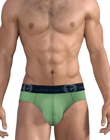 Green cotton briefs with black elastic waistband featuring wildman logo and circular t emblem 3 pack big boy pouch cotton brief
