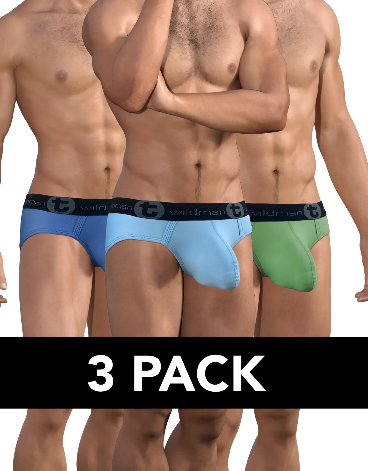 Set of three cotton big boy pouch briefs in blue light blue and green with black wildman elastic waistbands