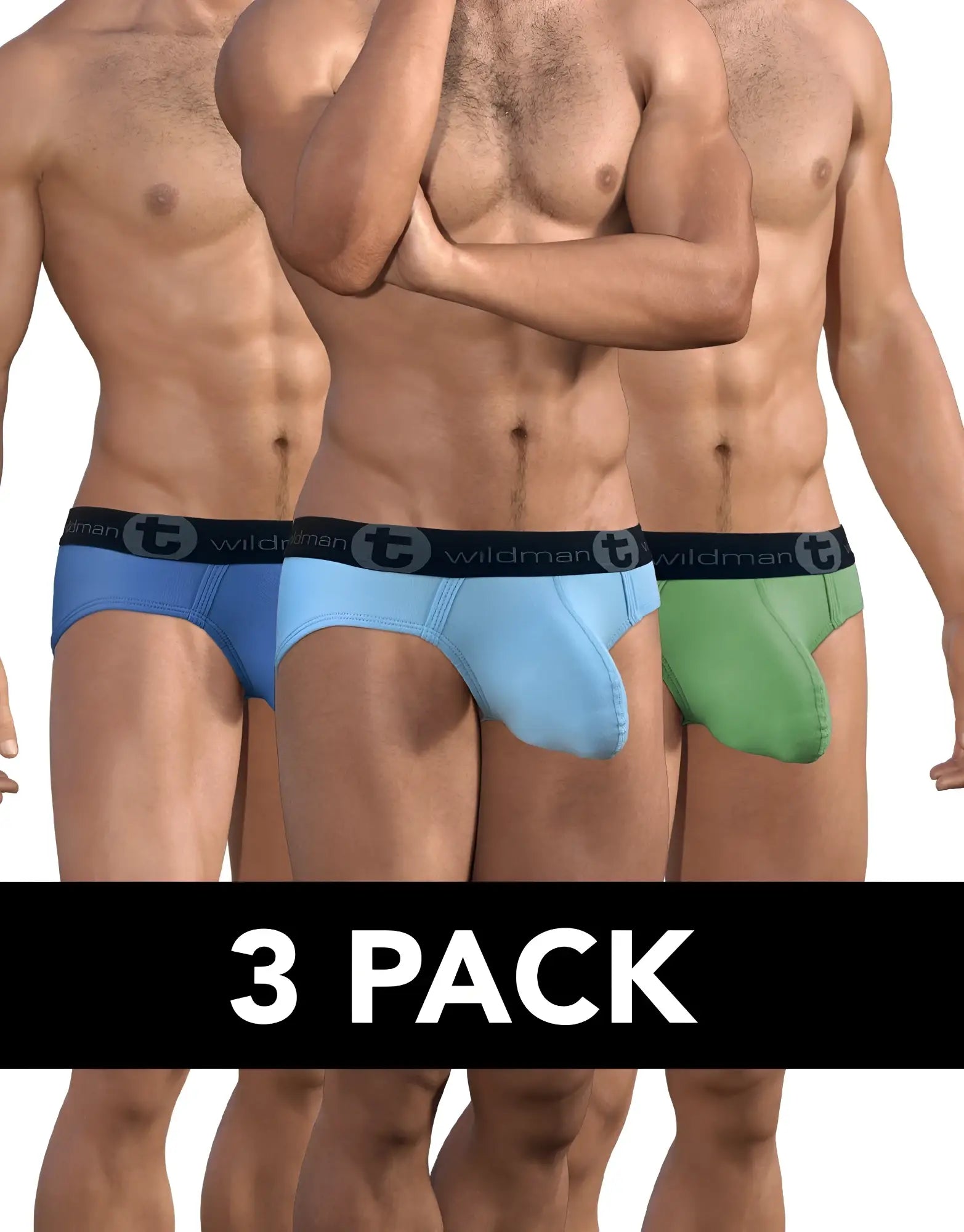 Set of three cotton big boy pouch briefs in blue light blue and green with black wildman elastic waistbands