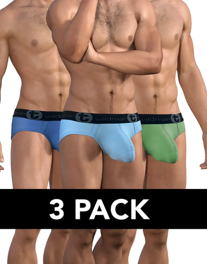 Set of three cotton big boy pouch briefs in blue light blue and green with black wildman elastic waistbands