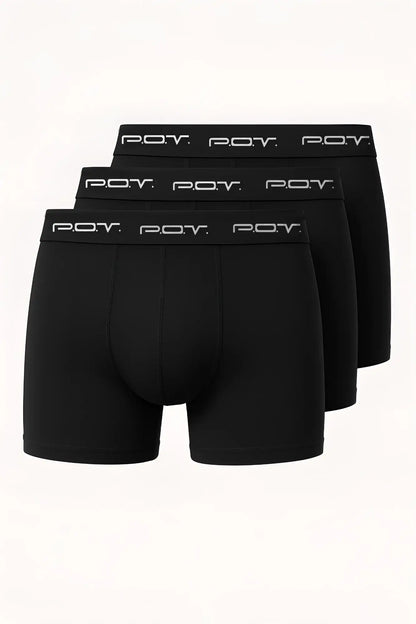 Black men’s boxer briefs 3-pack 100 percent cotton with white pov logo on waistband front side