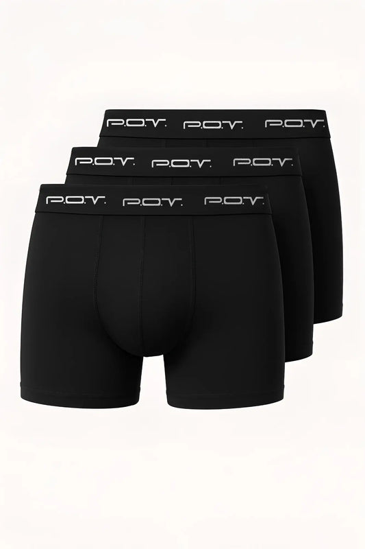 Black men’s boxer briefs 3-pack 100 percent cotton with white pov logo on waistband front side