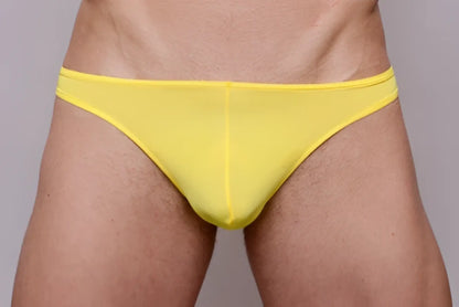 Bright yellow sheer mesh briefs shown from the back in a 3 pack pride metro thong set