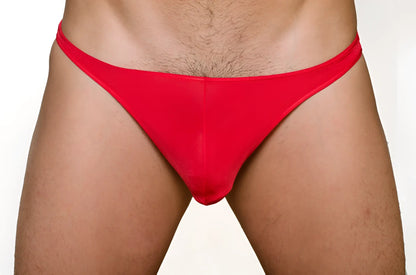 Red form-fitting pride metro thong made of smooth stretchy fabric shown from the back in a 3 pack set