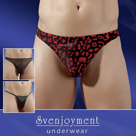 Red and black leopard print men’s briefs from svenjoyment in powernet material size xl shown from back side