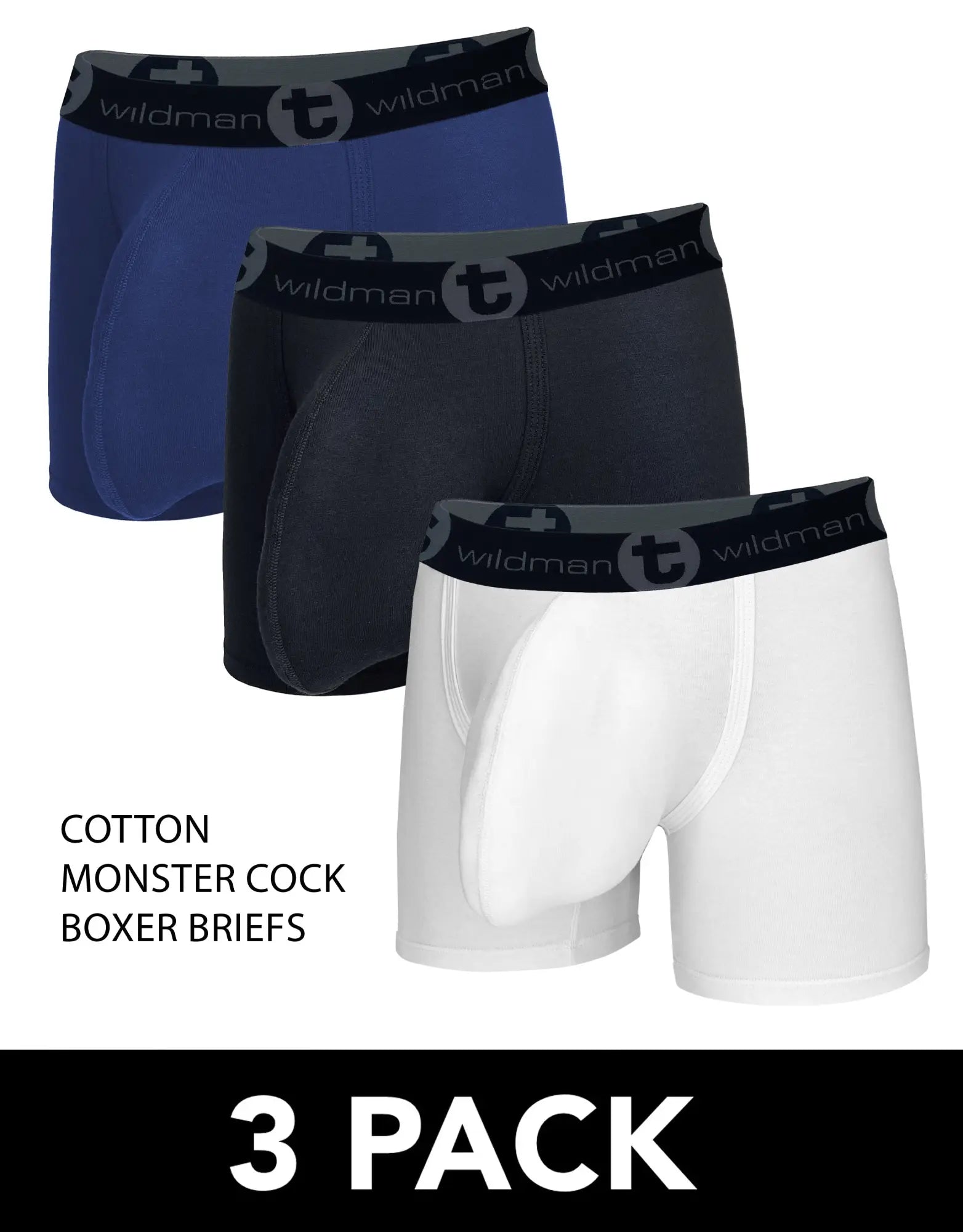 Three-pack of wildmant cotton boxer briefs in blue black and white with 5 inch inseam and supportive design