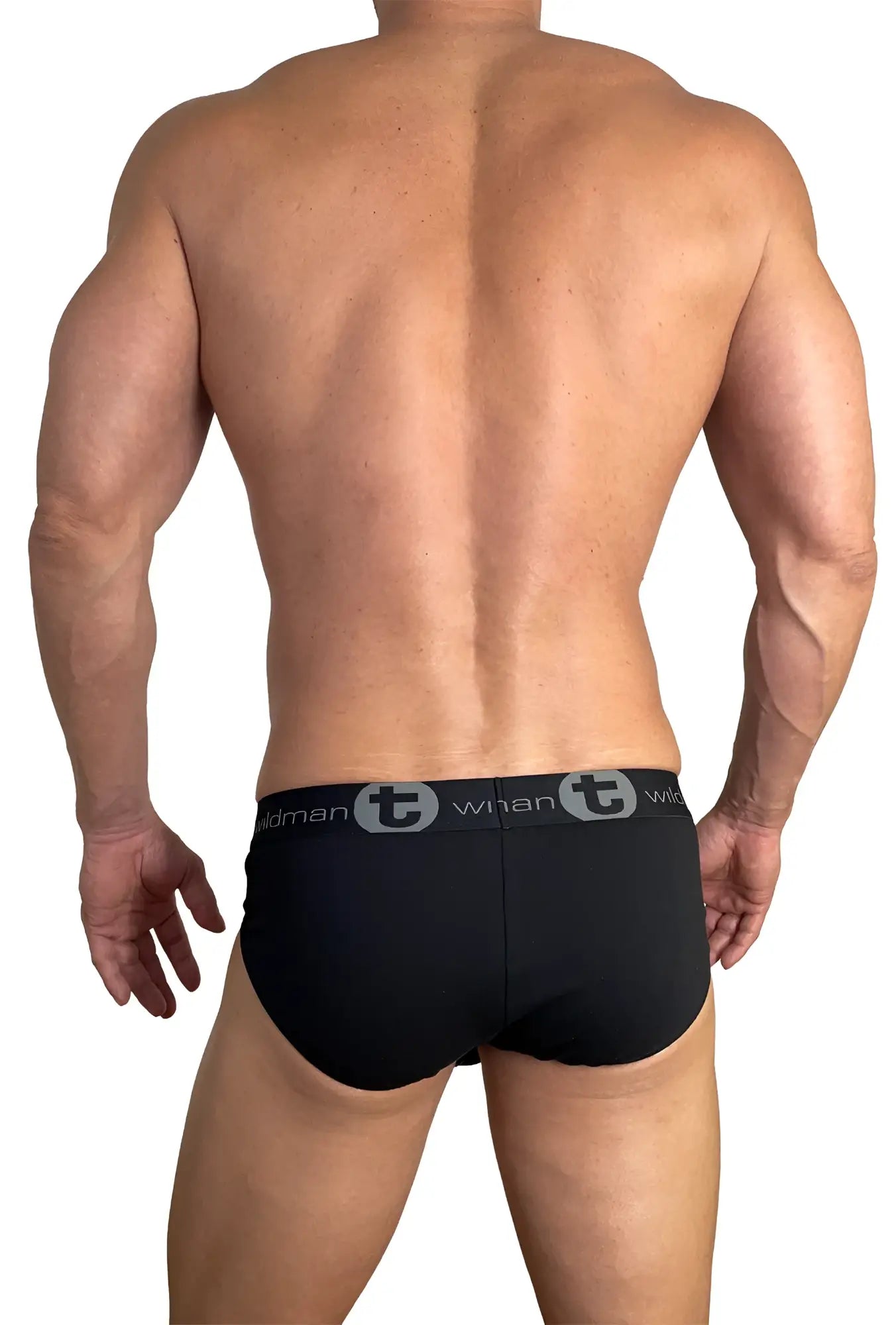Black cotton briefs with gray elastic waistband featuring twinman logo from 3 pack wildmant cotton monster cock brief