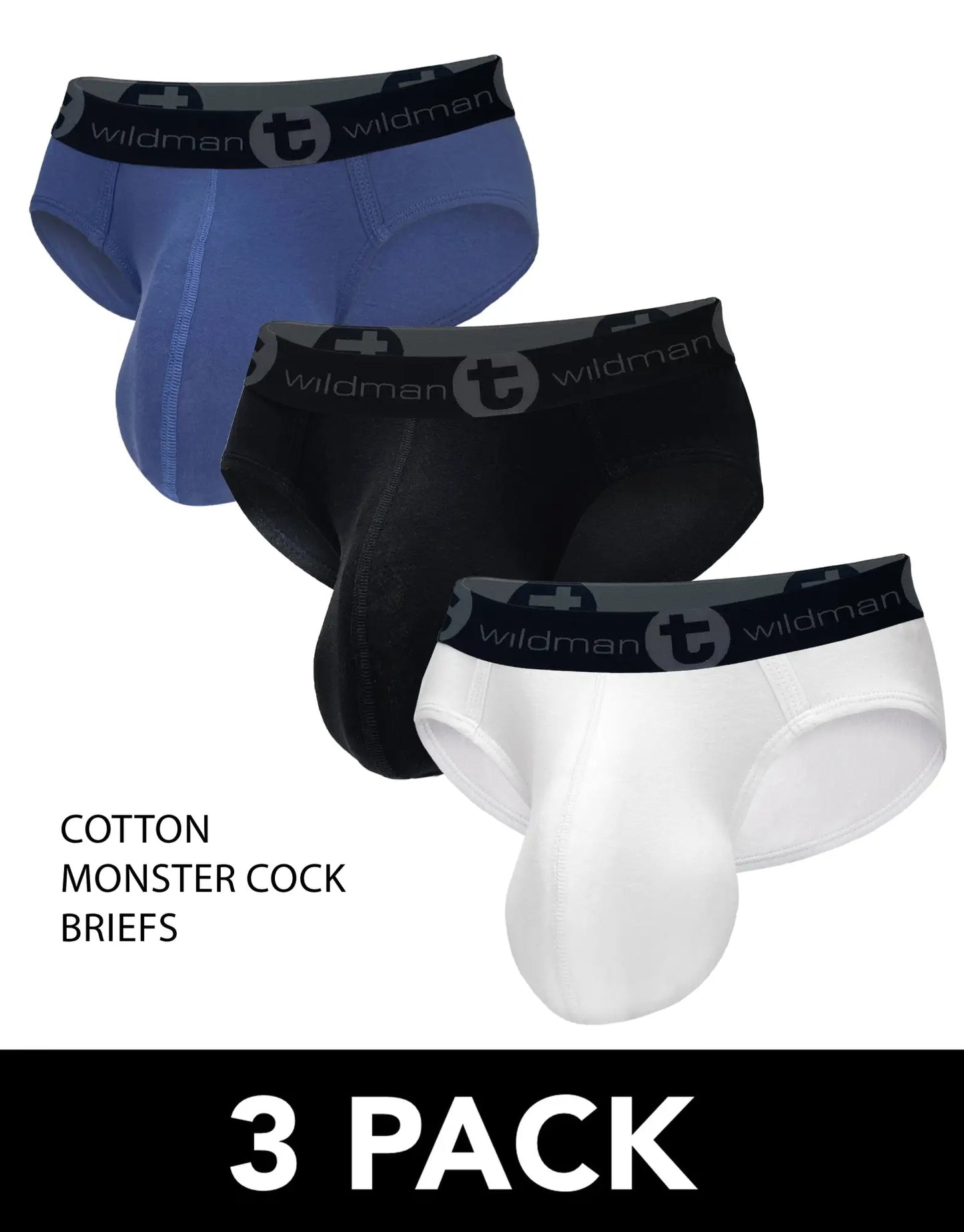 Blue black and white cotton briefs with wildman logo on waistband in 3-pack wildmant cotton monster cock brief set