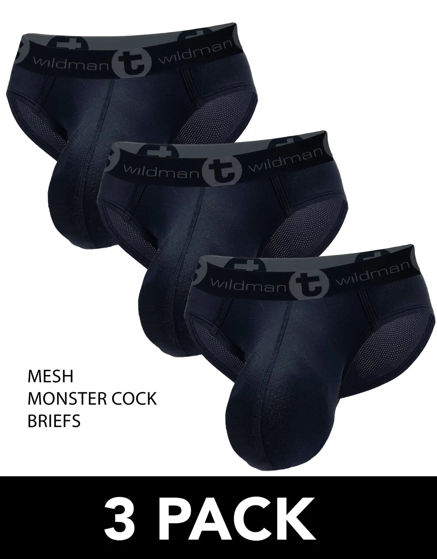 Black mesh briefs with gray wildman logo waistband featured in 3-pack wildmant mesh monster cock brief black product