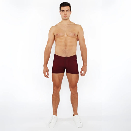 Maroon 3 inch stretch knit duo tone shorts with a fitted design and single front button closure