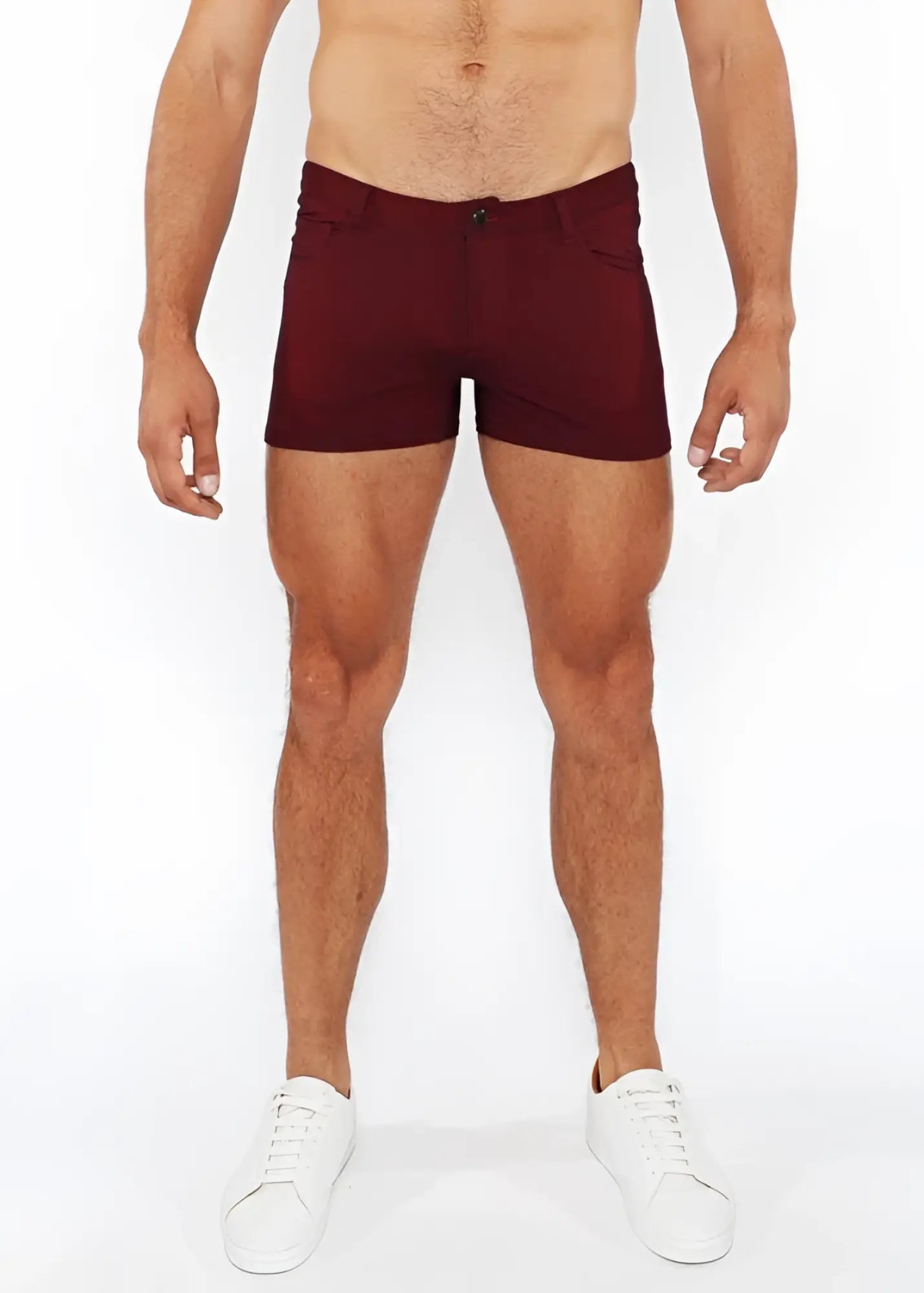 Maroon 3 inch stretch knit duo tone shorts with form fitting fit classic button closure and side pockets