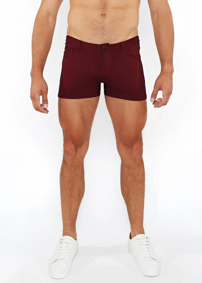 Maroon 3 inch stretch knit duo tone shorts with form fitting fit classic button closure and side pockets