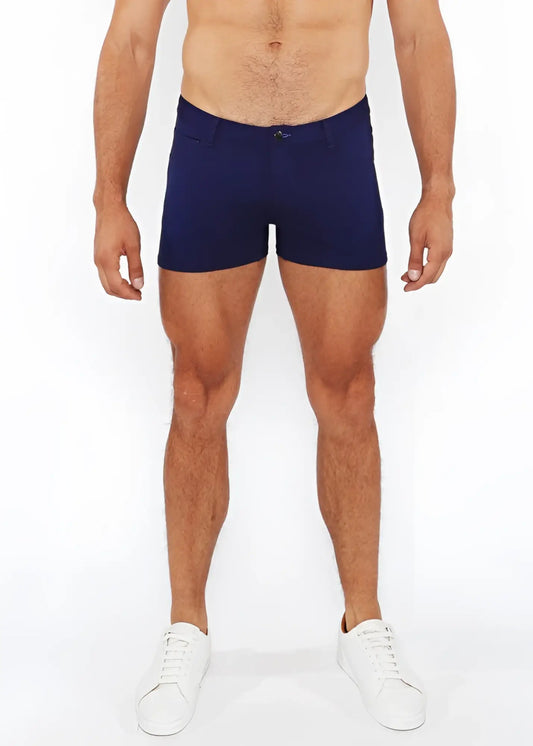 Navy blue stretch knit briefs with a subtle front button closure featured in the 3 inch duo tone short design