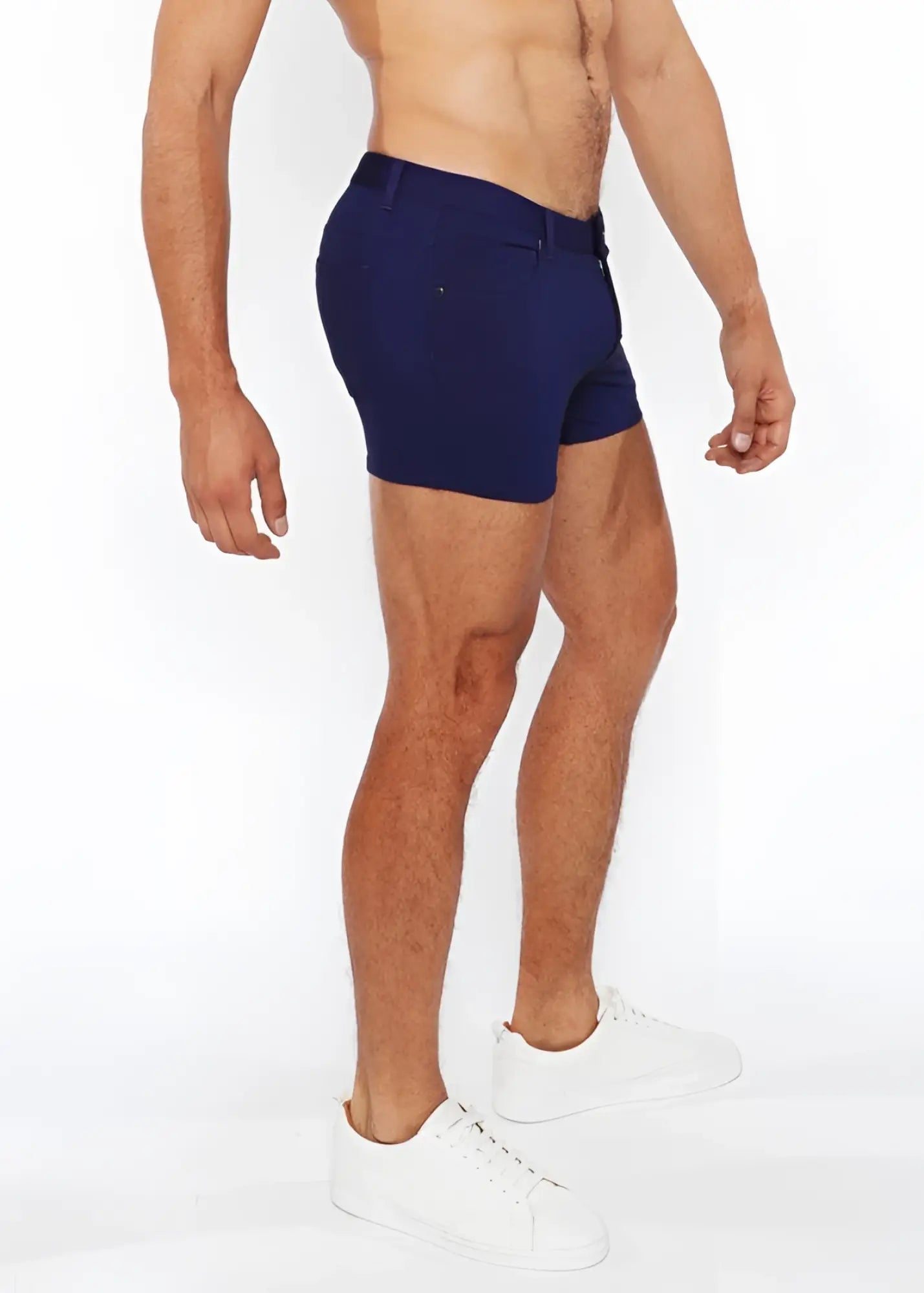 Navy blue 3 inch stretch knit duo tone shorts with tailored modern cut and subtle side pockets