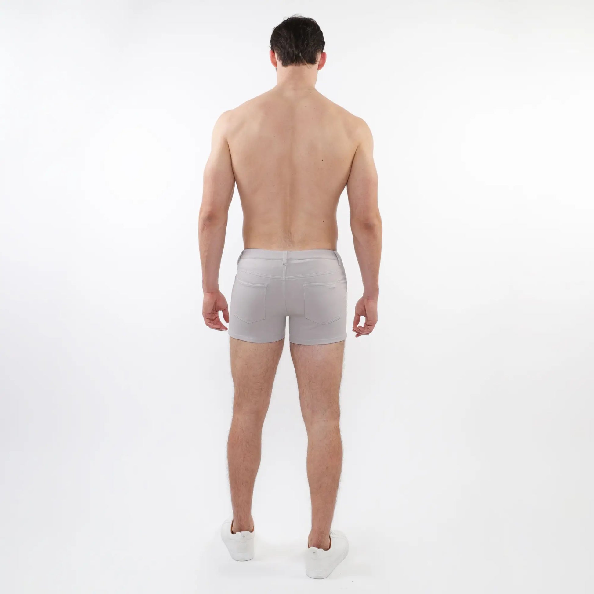 Light gray 3 inch stretch knit short athletic briefs with subtle seam detail along the waistband