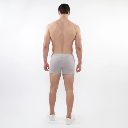 Light gray 3 inch stretch knit short athletic briefs with subtle seam detail along the waistband