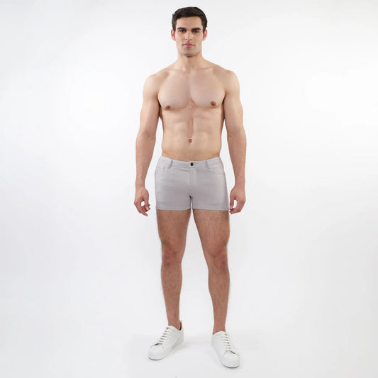 Light gray 3 inch stretch knit tailored shorts with single button closure and modern clean design