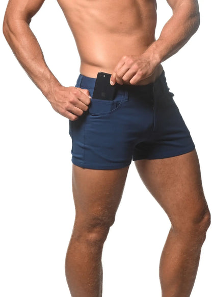 Navy blue 3 inch stretch knit athletic shorts with a sleek fitted design and multiple pockets for active use