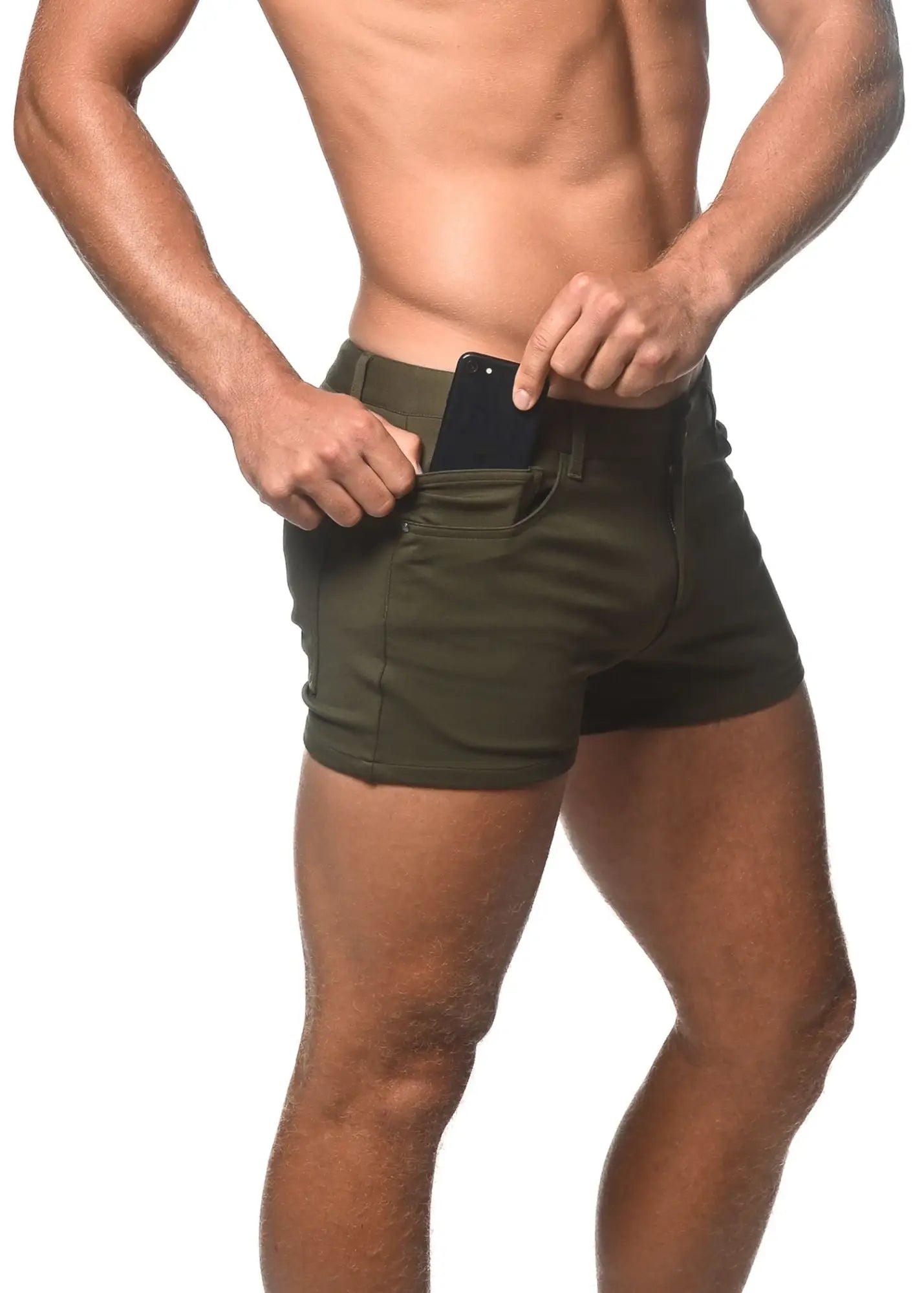 Olive green 3 inch stretch knit shorts with sleek modern design and functional side pockets for active wear