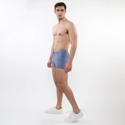 A pair of light blue 3 inch stretch knit shorts for men with tailored fit and subtle stitching details