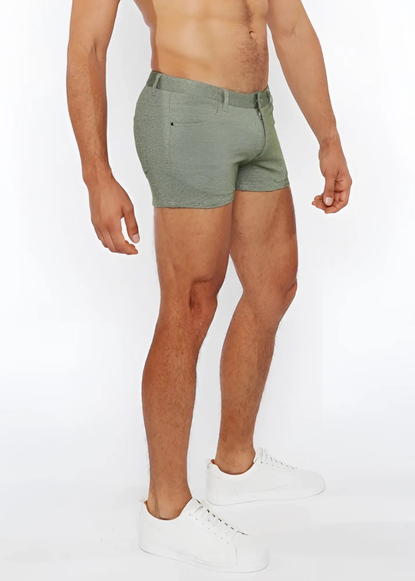 A pair of 3 inch stretch knit two tone olive green textured shorts with belt loop and front pocket